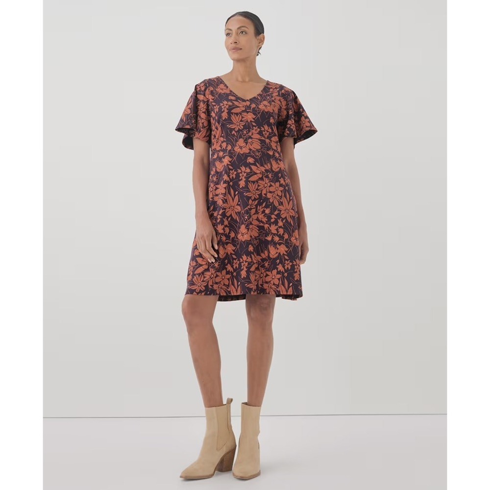 PACT Easy Fit & Flare Dress Plum Botanical Organic Cotton Flutter Sleeve Small